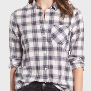 Current Elliot Plaid Button Down Blouse Size 2 Blue Fall Casual Cotton Spandex